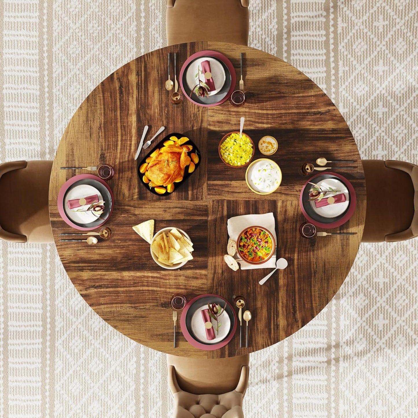 Tribesigns Round Dining Table for 4-6 People, 47-Inch Farmhouse Dinning Room Table Circle Kitchen Table, Industrial Dinner Table with Metal Base for Kitchen, Living Room, Rustic Brown