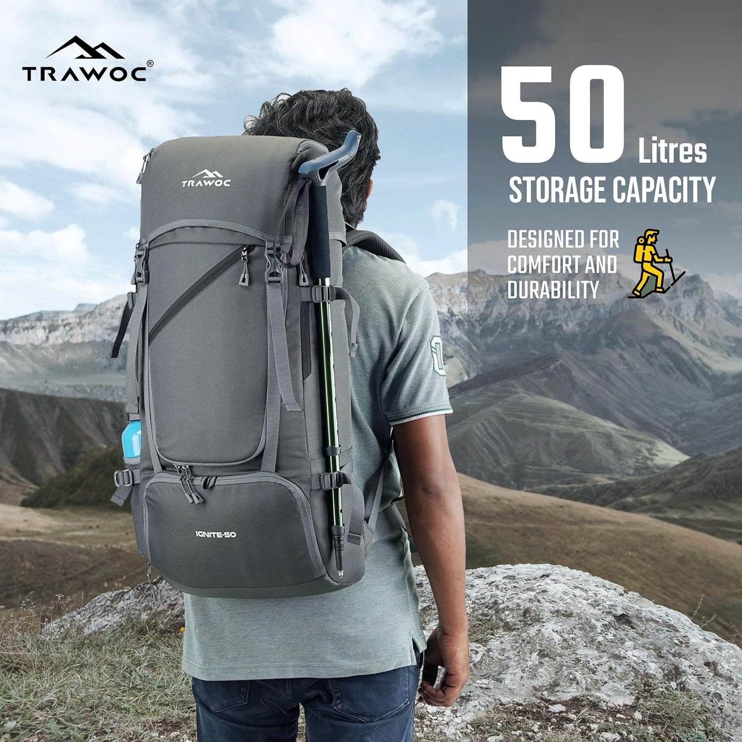 TRAWOC IGNITE 50 L Travel Bag Front & Top Open Backpack for Hiking Trekking Camping, Rucksack for Men & Women with Rain Cover and Shoe Compartment