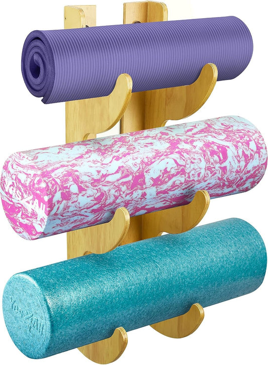 Yes4All Wall Mount Wooden Foam Roller Rack/Yoga Mat Holder for Storing Home Gym Accessories and Decor