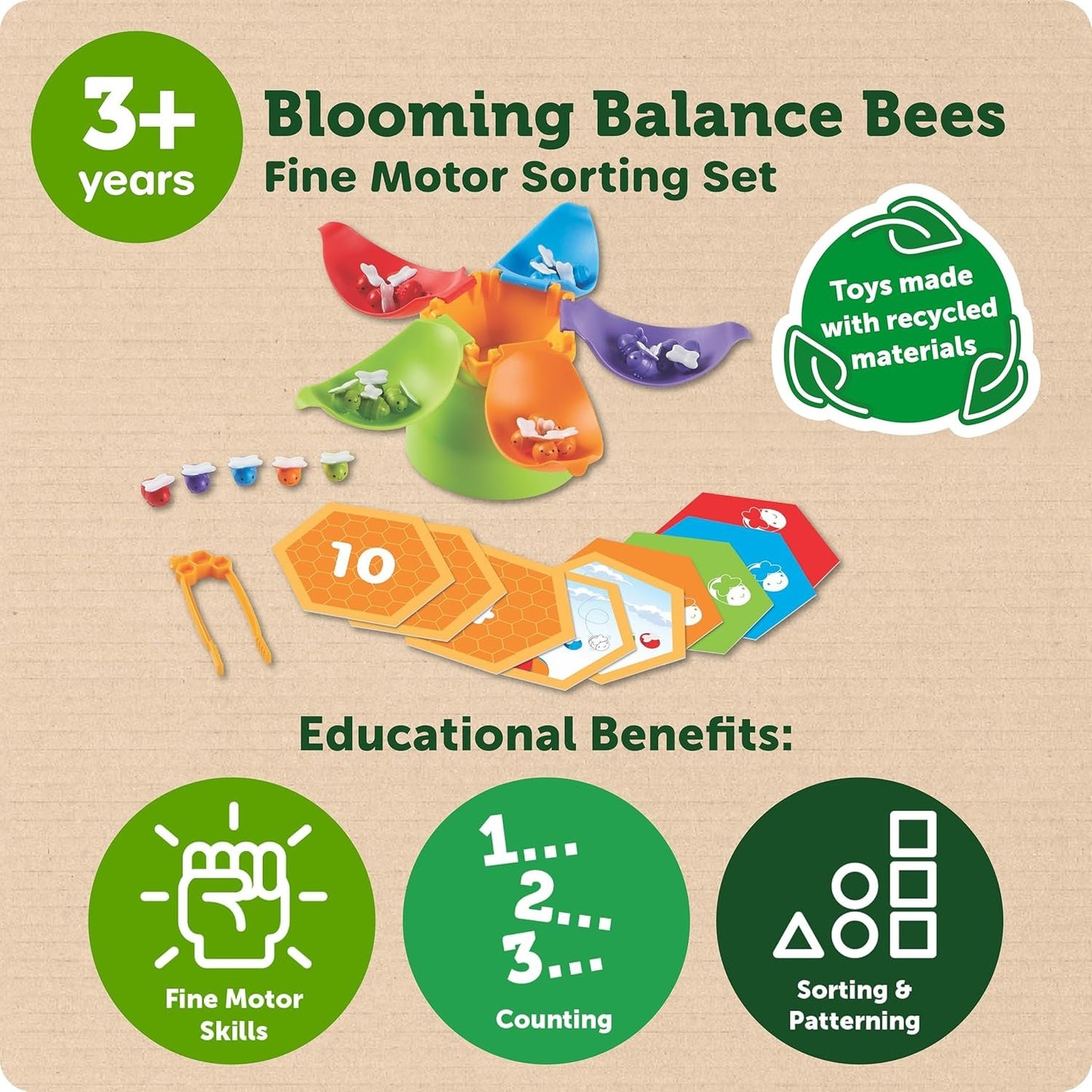 Learning Resources Blooming Balance Bees Fine Motor Sorting Eco Friendly Set - Preschool Learning Activities for Kids Ages 3+, Montessori Toys for Toddlers