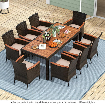 ORALNER 9 Pieces Outdoor Dining Set, Patio Wicker Dining Table and Chairs Set with Acacia Wood Table Top, Seat Cushions, Rattan Dining Table Set for 8, Garden Yard Poolside Deck (Beige)