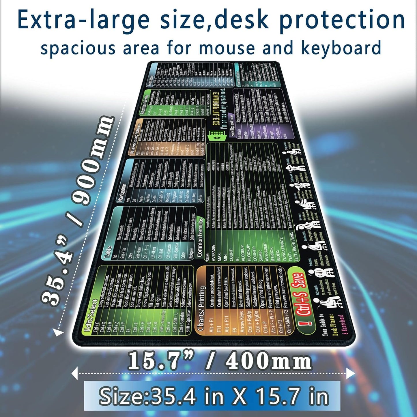 secret corner excel Cheat Sheet Mouse pad,Extra Large Office Keyboard Shortcuts Mousepad,Office Desk Accessories Desk pad Computer Mouse pad,PC Gaming Non-Slip XXL Desk mat (Excel-XXL)