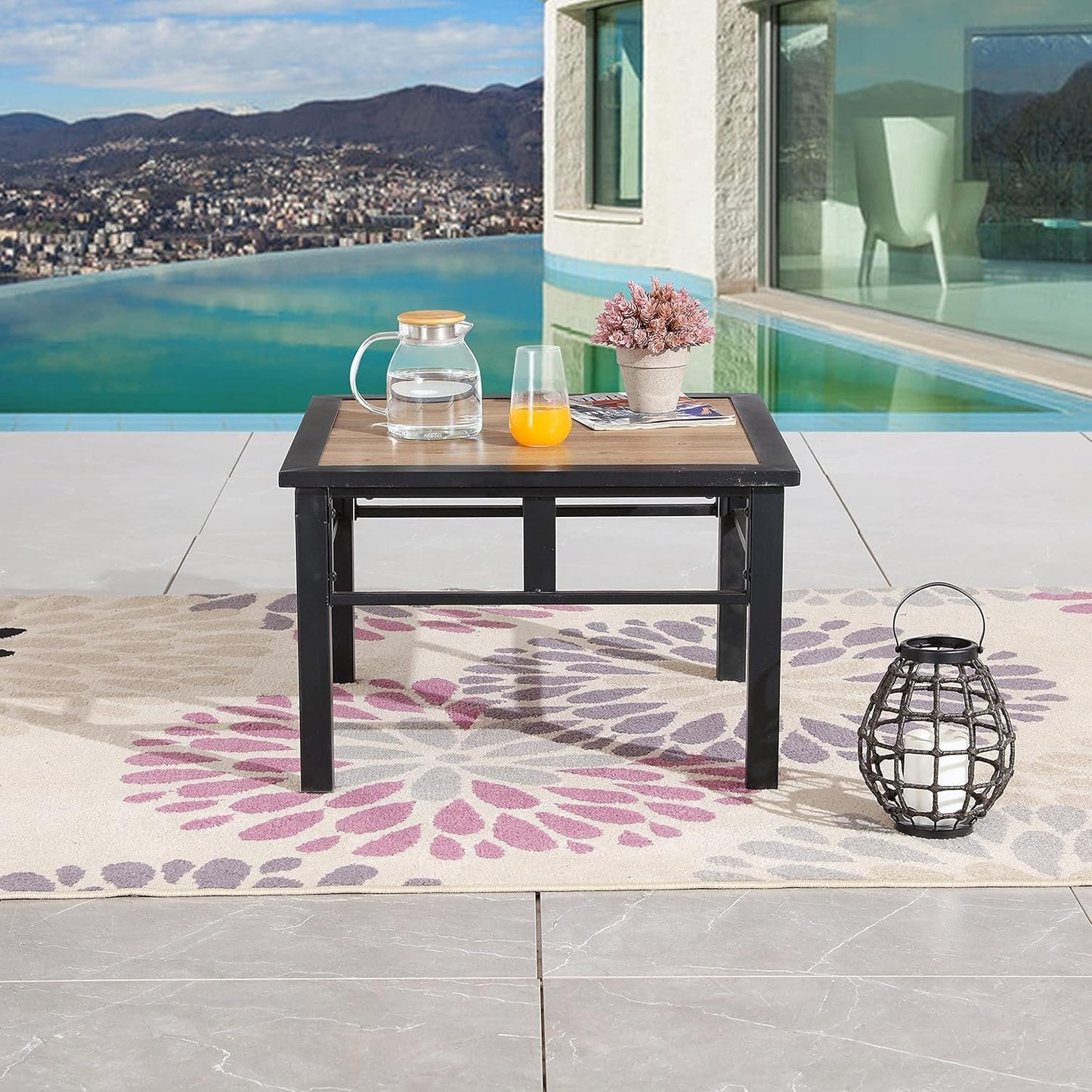 LOKATSE HOME Outdoor Metal Square Dining Furniture with Wood-Like Table Top, Brown&Black