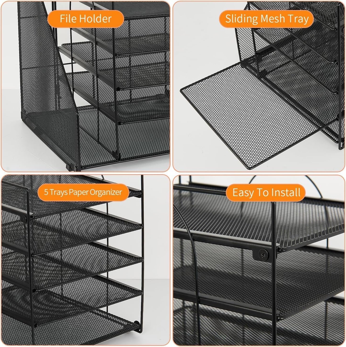 Gugsey Desk Organizer and Accessories, 5-Tier Paper Letter Tray with File Holder, Mesh Desktop File Organizers for School, Home, Office Supplies Organization and Storage (Black)