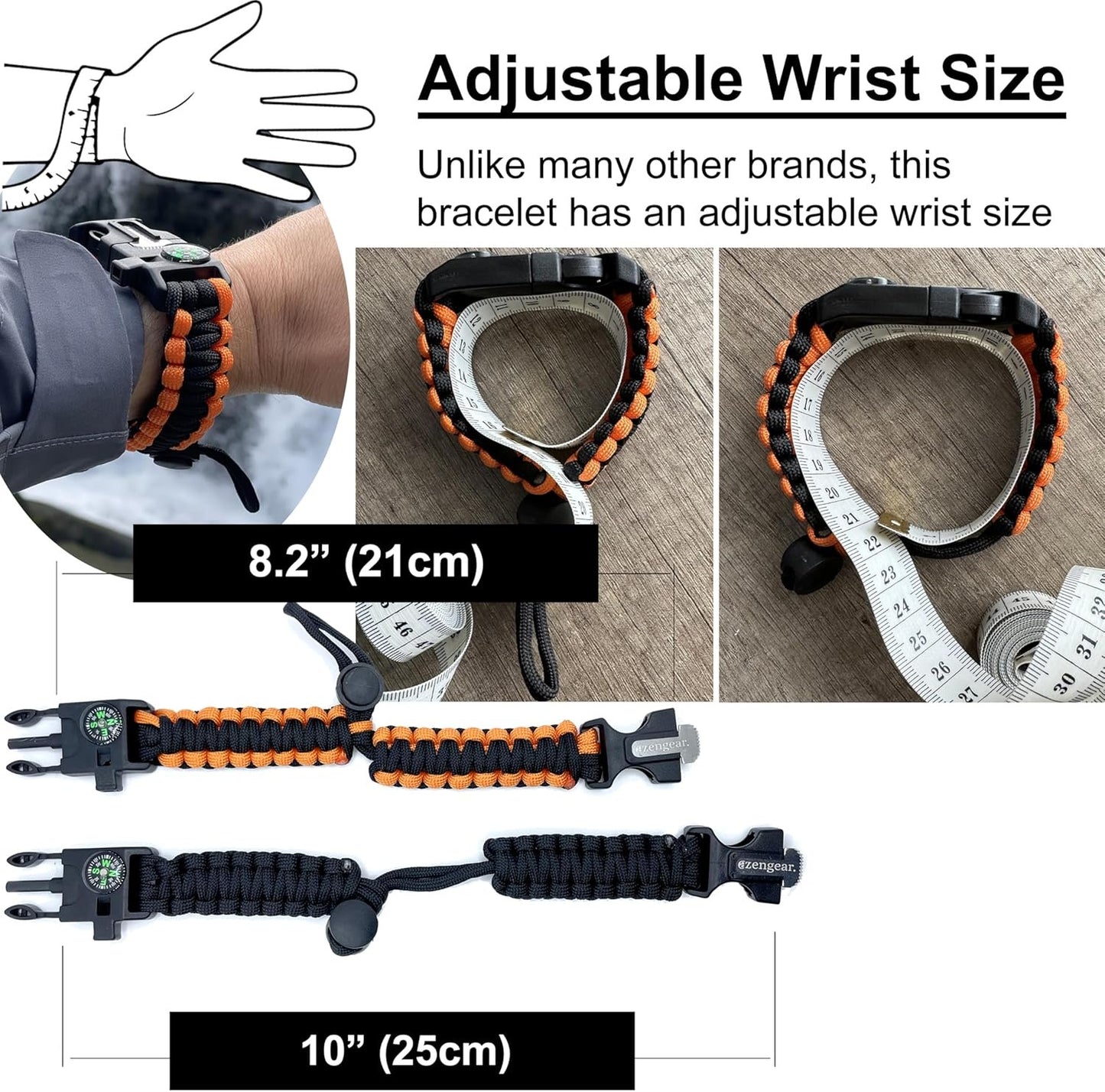 aZengear Paracord Survival Bracelets - Compass, Flint Fire Starter, Whistle, Adjustable Wrist Size - Camping, Hiking, Emergency Kit (Black & Orange, Pair)