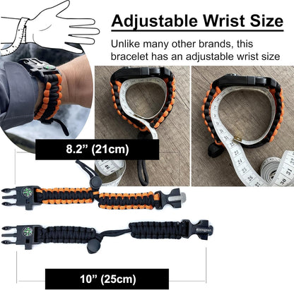 aZengear Paracord Survival Bracelets - Compass, Flint Fire Starter, Whistle, Adjustable Wrist Size - Camping, Hiking, Emergency Kit (Black & Orange, Pair)