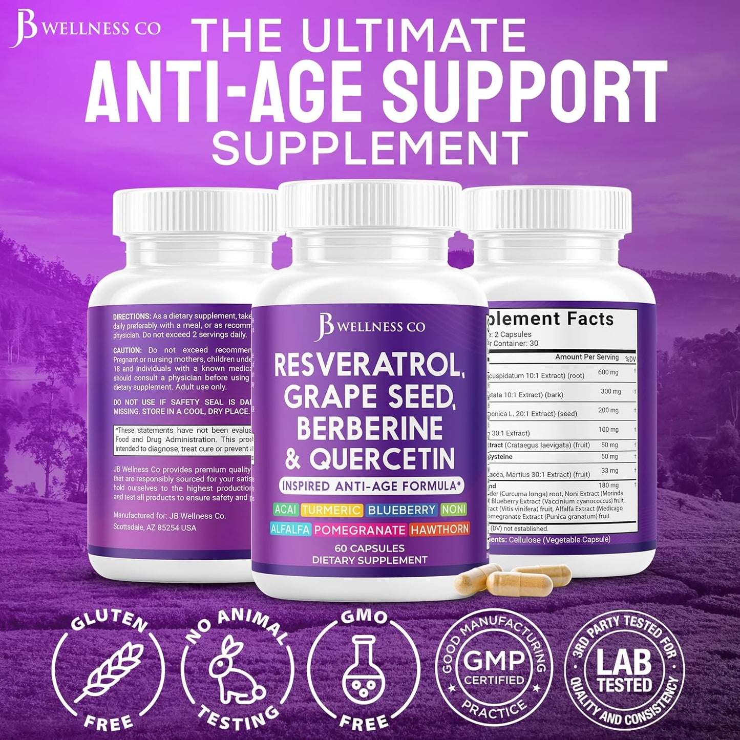 JB Wellness Resveratrol Grape Seed Extract, Berberine, Quercetin - Polyphenol Supplement for Women and Men with Noni Extract, N-Acetyl Cysteine, Acai Extract - 60 Capsules