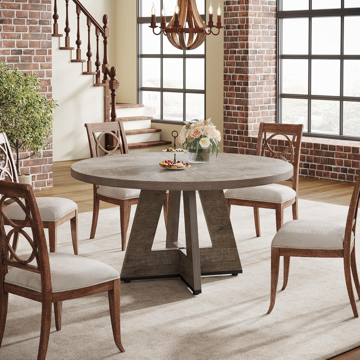 Tribesigns Round Dining Table for 4, 47 Inch Grey Kitchen Table Large Dinner Table Farmhouse Wood Kitchen Dinning Table for Dining Room Kitchen,Living Room (Chairs not Included)
