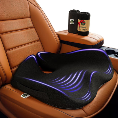 Memory Foam Car Seat Cushion for Back Pain Relief – 2025 Upgraded Car Cushions for Driving & Tailbone Pain. Non-Slip Pressure Relief Seat Pad for Truck Driver Essentials with Extra Cover (Black)