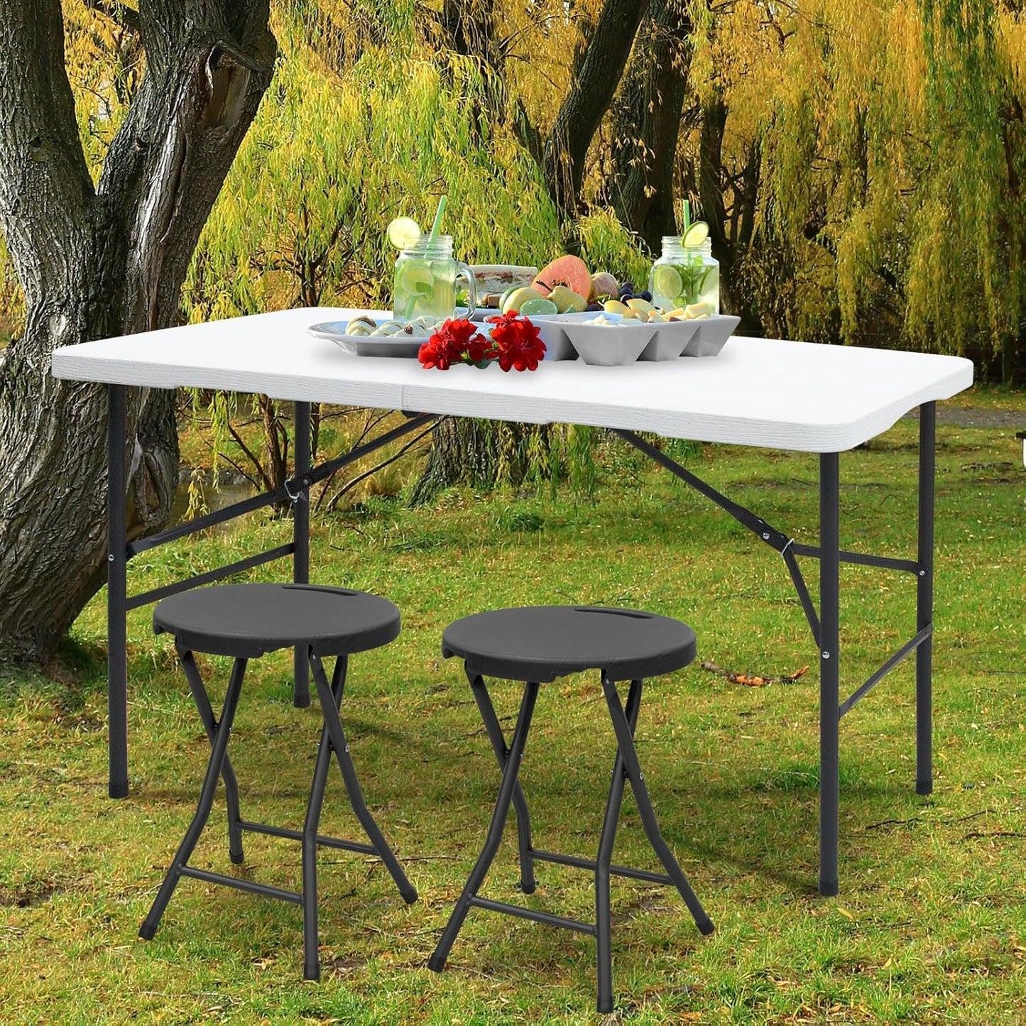 RUN.SE 4FT Camping Table, Plastic Folding Camping Table, 2 Adjustable Height Picnic Table with Carrying Handle for Parties Wedding Camping, White