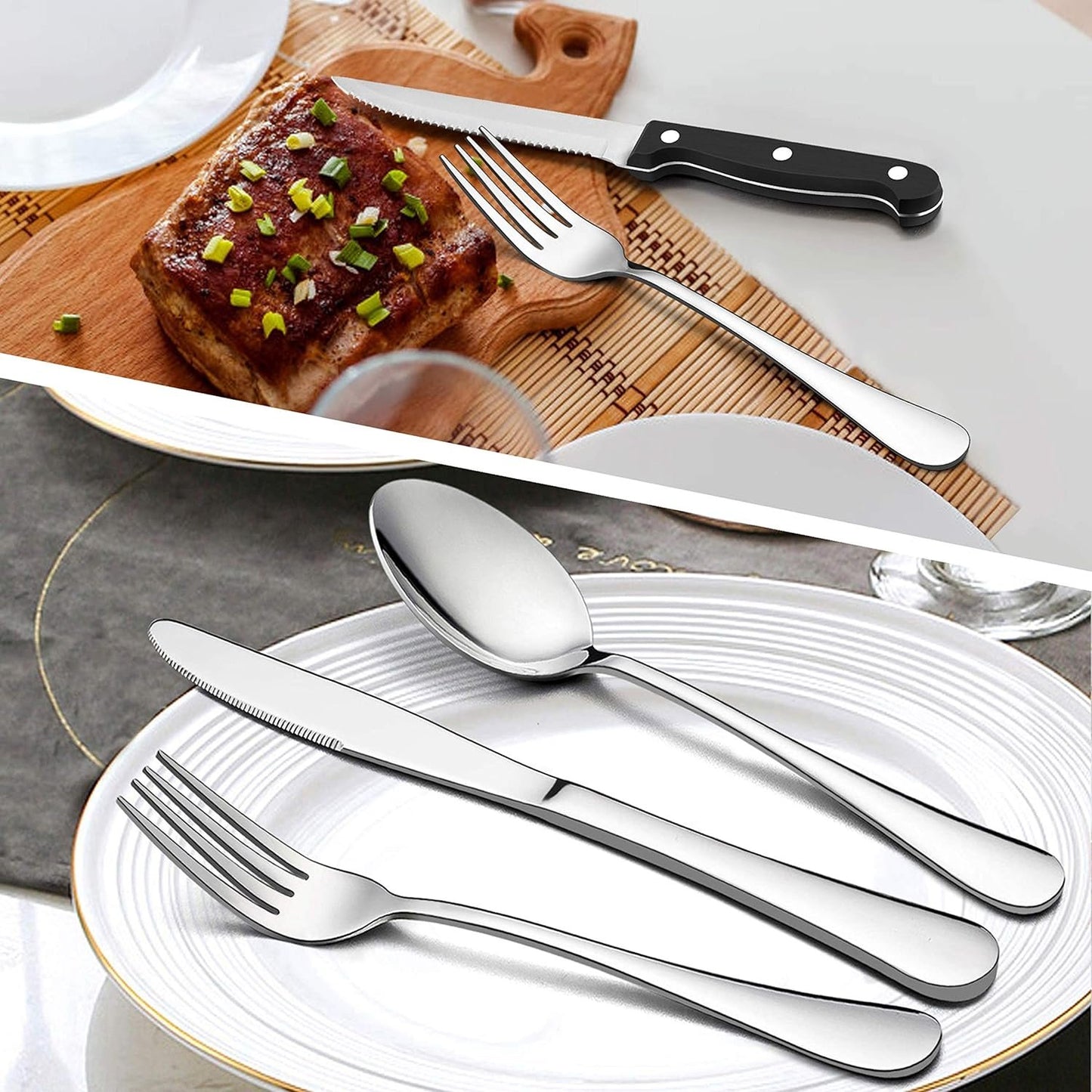 LIANYU 24-Piece Cutlery Set with Steak Knives, Stainless Steel Flatware Set for 4, Fancy Silverware Eating Utensils Tableware, Include Fork Spoon Knife, Mirror Finish, Dishwasher Safe