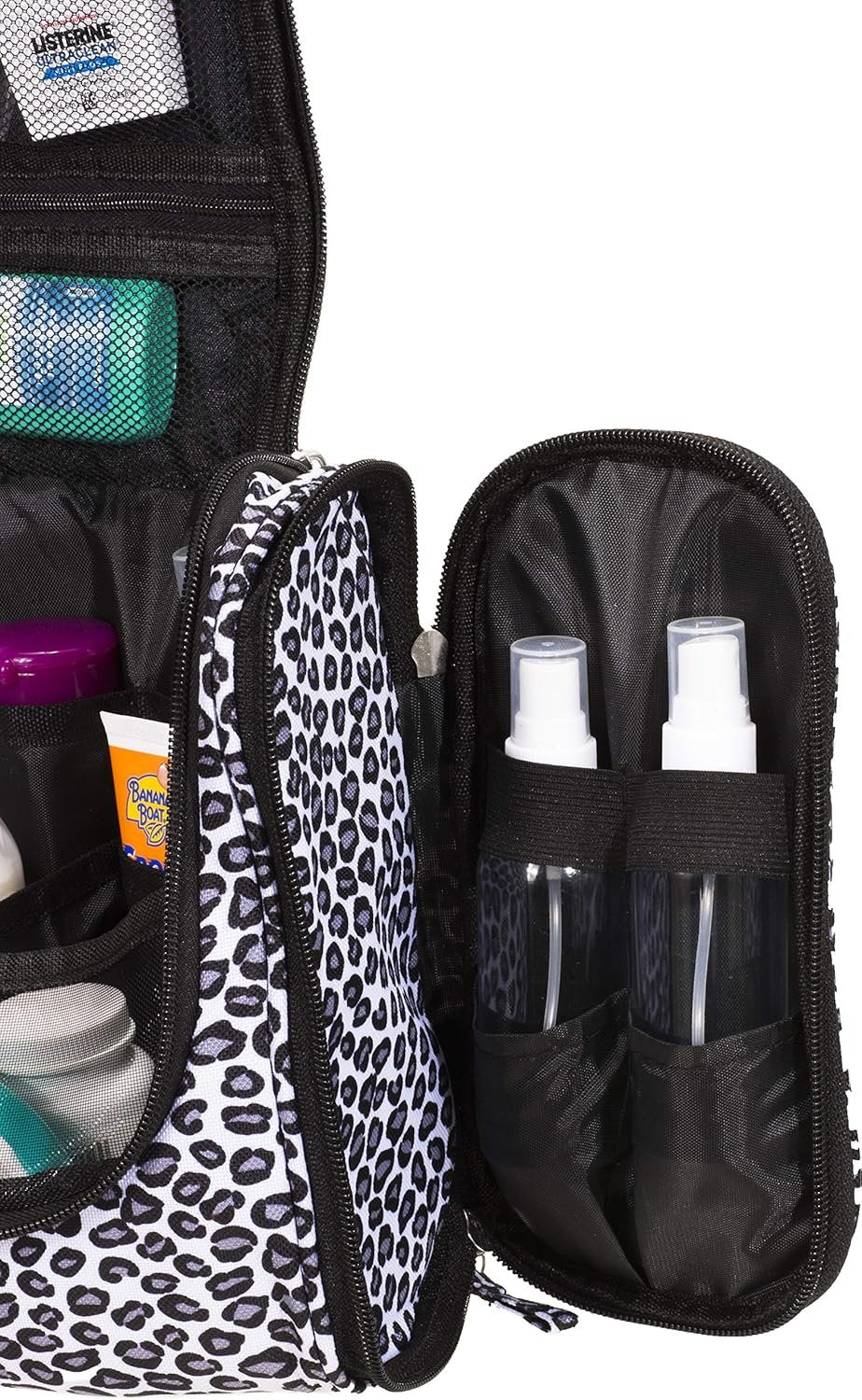 DMJSL Womens Hanging Toiletry Bag - Travel Makeup Organizer and Cosmetic Case, TSA Approved, Black Leopard Print