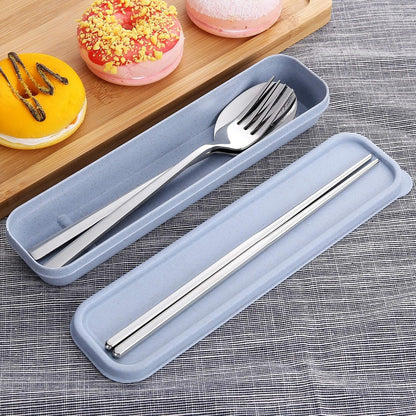Sunwinc 3 Pcs Camping Silverware,Stainless Steel Travel Outdoor Flatware Set Chopsticks Spoon Fork/Portable Travel Work Utensils Cutlery Set with a Wheat Straw Case