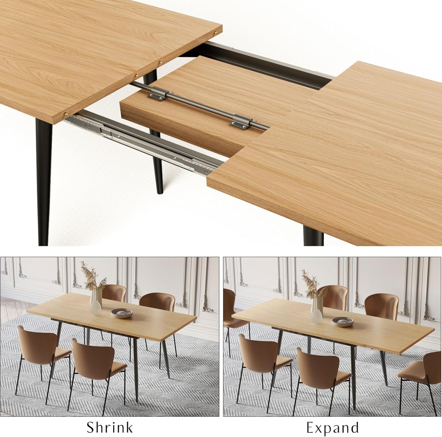 Rukulin 75" x 32" Extendable Dining Table - Rectangle Wooden Table Top with Metal Legs, Space-Saving Extendable 59" to 75" Dining Kitchen Table (Rectangle, Natural)