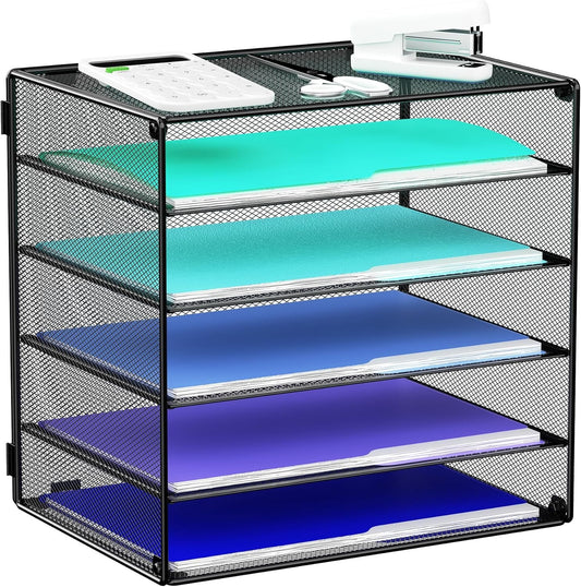 MINDEPOT 6 Tier Desk Organizer Paper Tray, Metal File Holder Desktop Organizers and Workspace Accessories for School Office Organization Storage Rack (1, Black)