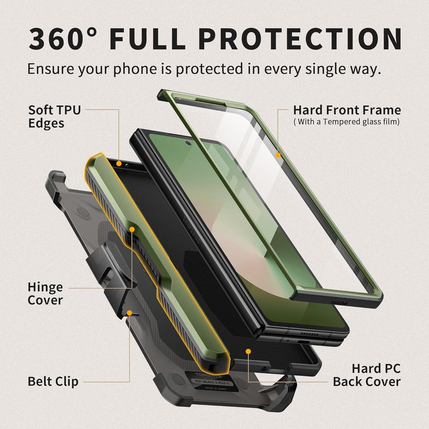 TONGATE for Z Fold 6 Case with Ring Stand, Built-in S Pen Holder & Glass Screen Protector Shockproof Rugged Z6 Phone Case with Slide Camera Cover & Belt Clip for Samsung Galaxy Z Fold 6 2024, Green