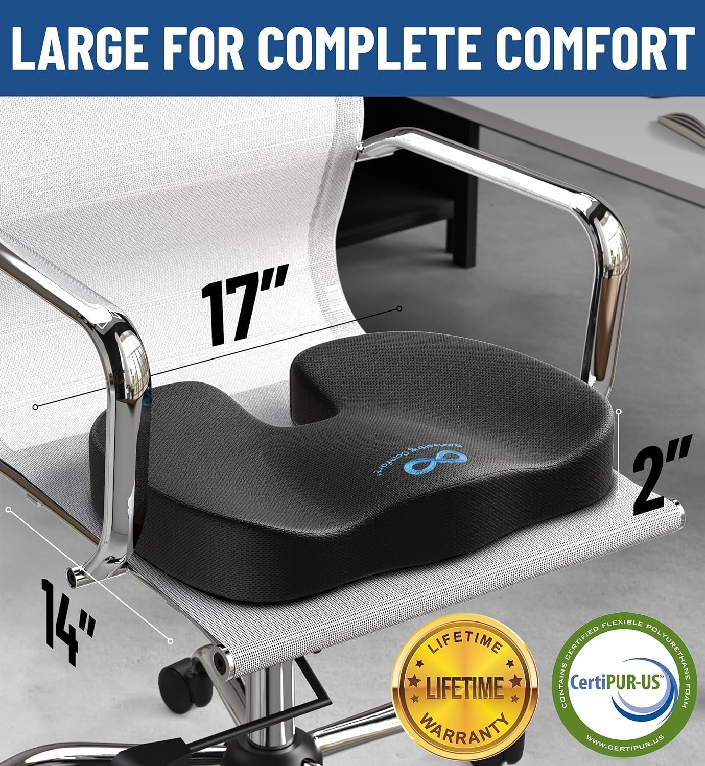 Everlasting Comfort Gel Infused Memory Foam Seat Cushion for Coccyx, Tailbone and Back Pain (Black)