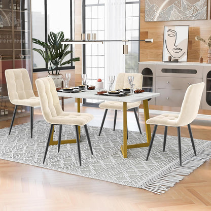 Cayipng 117 x 68 cm 5-Piece Dining Table Set with 4 Velvet Upholstered Chairs, Rectangular Kitchen Tables w/ Gloden Legs, Metal Frame & Marble Tabletop, Beige