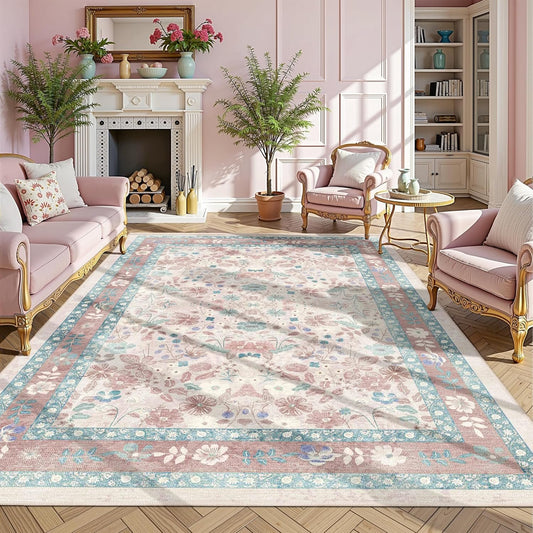 Area Rug 6x9 for Living Room Deerly Pink Floral Boho Vintage Large Washable Non-Slip Bedroom Carpet Low Pile Thin Floor Mat Indoor for Playroom Nursery Kids Girls Room, Light Pink/Blue/Multi
