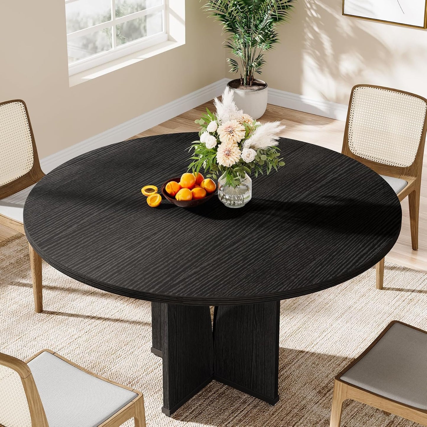 Tribesigns Round Dining Table Wood Kitchen Table for Dining Room Living Room, 39.37" Dining Table for 4 People, Farmhouse Dinner Table with Wooden Table Top and Legs(Without Chair) (Black)