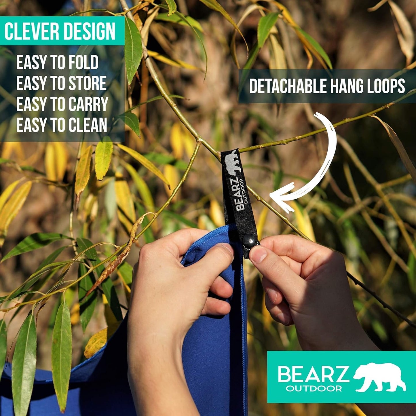 BEARZ Outdoor Microfiber Towel Set for Travel & Sports. Compact & Absorbent Cloth for Camping Swimming Beach Gym Yoga Golf. Gear w/Bag Water Resistant Pocket Carabiner Face Cloth