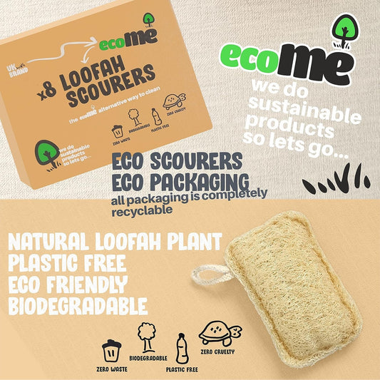 ecoME Cellulose Kitchen Washing Up Natural Loofah Sponge Scourer | eco-Friendly Friendly Home Cleaning Products | Non-Scratch Sponges | Zero Plastic | Biodegradable & Compostable | 8 Pack |UK Brand