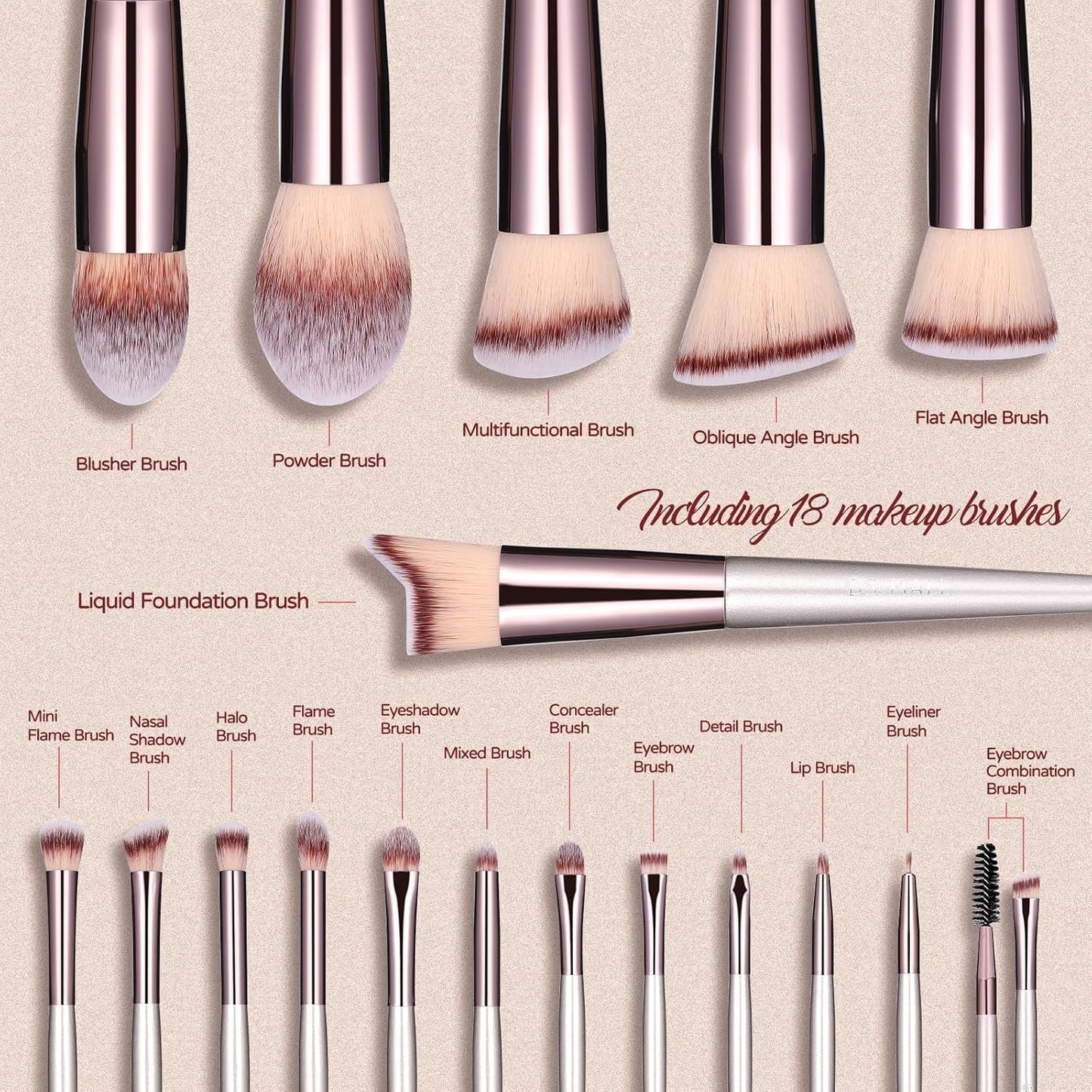 BS-MALL Makeup Brush Set 18 Pcs Premium Synthetic Foundation Powder Concealers Eye shadows Blush Makeup Brushes Champagne Gold Cosmetic Brushes
