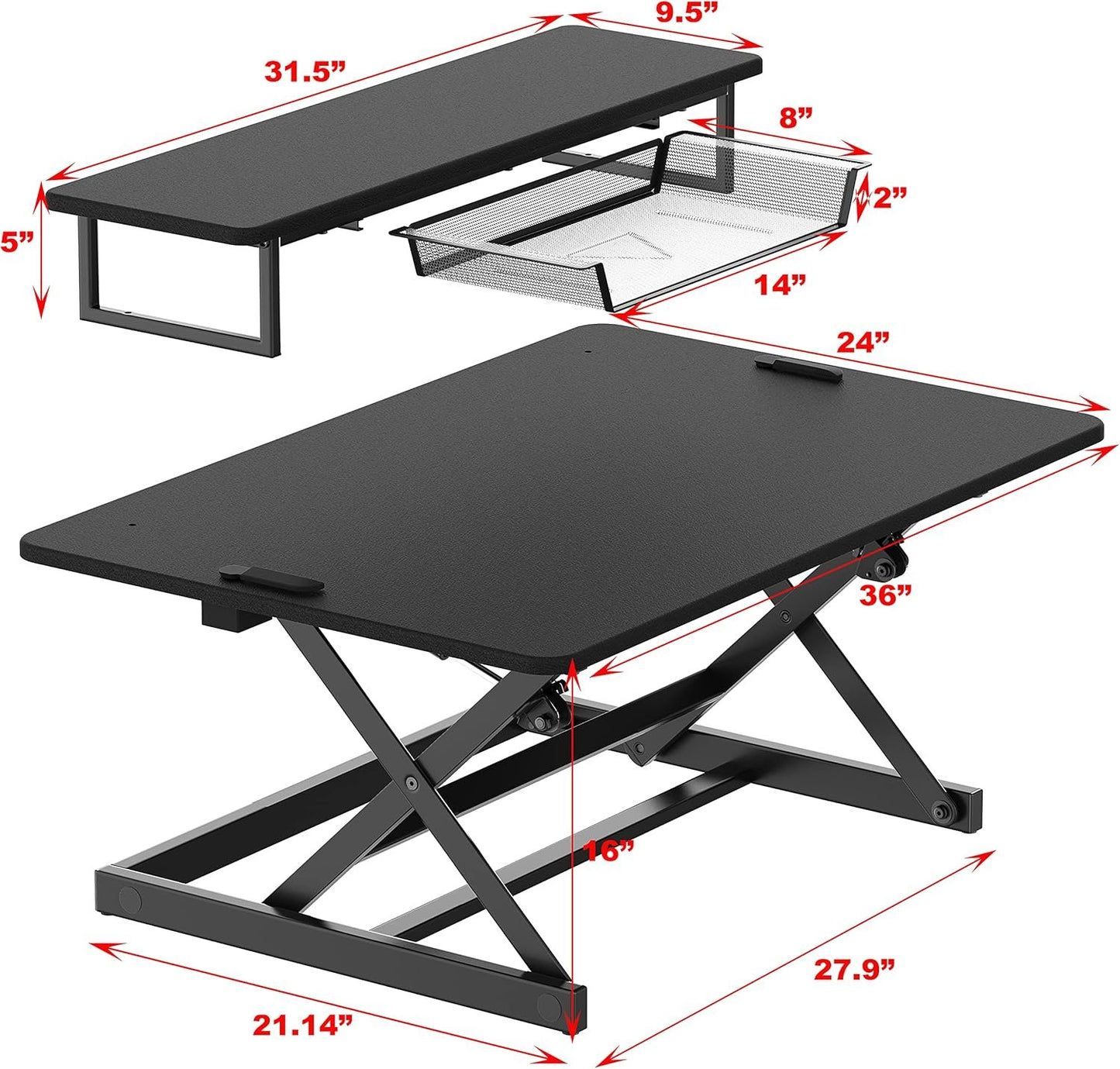 SHW Standing Desk Converter 36-Inch Pneumatic Height Adjustable with Monitor Riser, Black