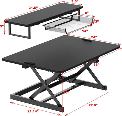 SHW Standing Desk Converter 36-Inch Pneumatic Height Adjustable with Monitor Riser, Black