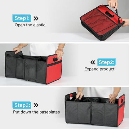 Simple Deluxe Car Trunk Organizer, 2 Compartments Collapsible Trunk Storage, Anti-slip Design, Made of Waterproof 600D Oxford Polyester, Suitable for SUV, Minivan, Truck, Standard Size, Red New