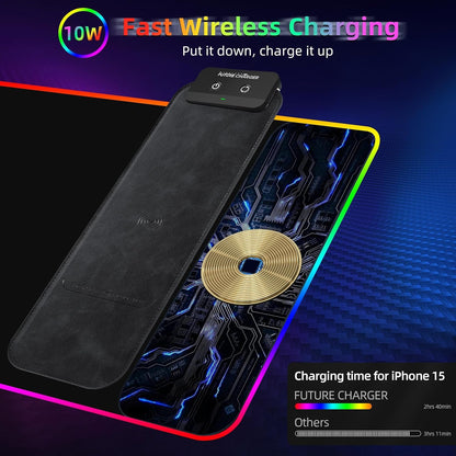 Wireless Future Charger Gaming Mouse Pad, 10W Wireless Charging, RGB with 9 LED Light Modes, 31.5"x11.8" Large Desk Mat, Non-Slip Rubber Base, Waterproof, Black