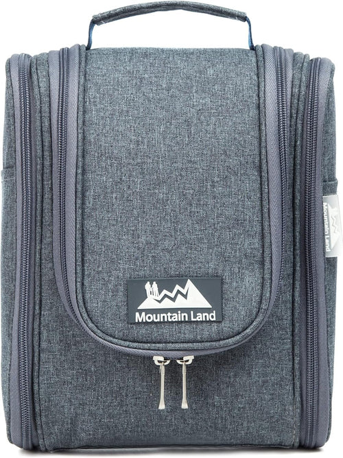 Mountain Land Hanging Travel Toiletry Bag-Recycled RPET Fabric for Women and Men Hygiene Bag, Bathroom and Shower Organizer Kit with Elastic Band Holders for Toiletries Cosmetics Makeup Brushes Gray