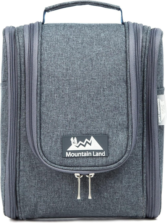 Mountain Land Hanging Travel Toiletry Bag-Recycled RPET Fabric for Women and Men Hygiene Bag, Bathroom and Shower Organizer Kit with Elastic Band Holders for Toiletries Cosmetics Makeup Brushes Gray