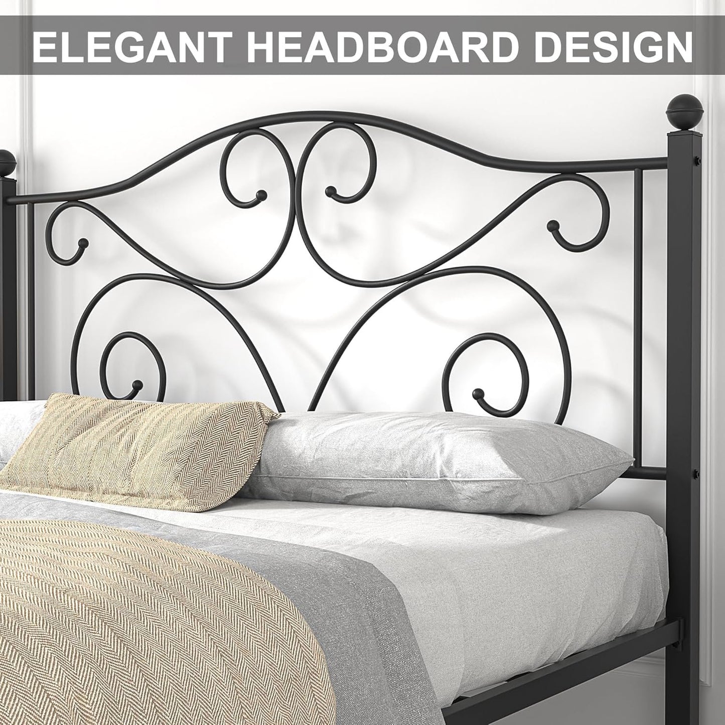 VECELO Queen Size Metal Bed Frame with Headboard and Footboard, Iron Mattress Foundation No Box Spring Needed, Heavy Duty/Easy Set Up, Black