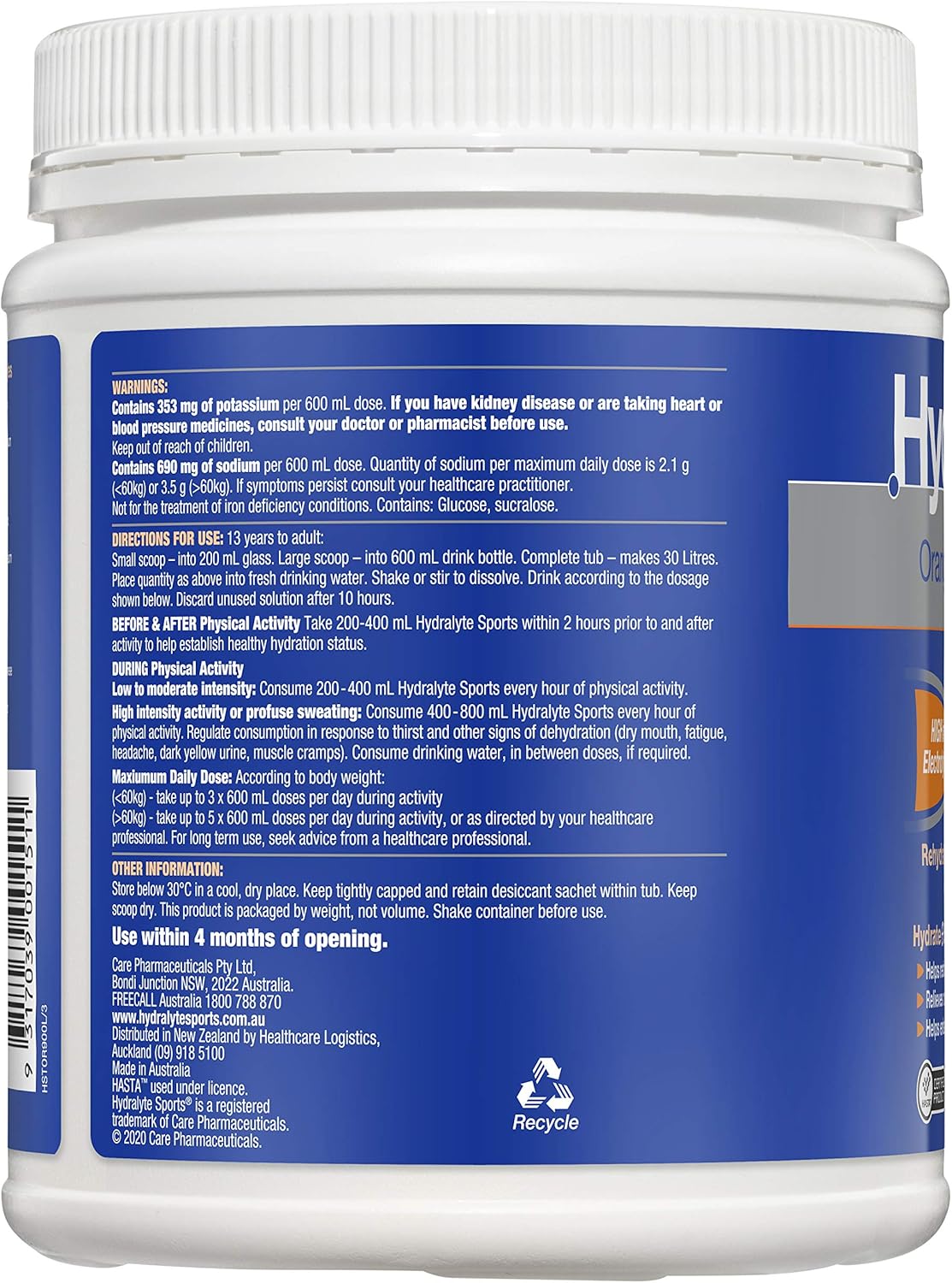 Hydralyte Sports Electrolyte Powder Orange Flavoured 900 g