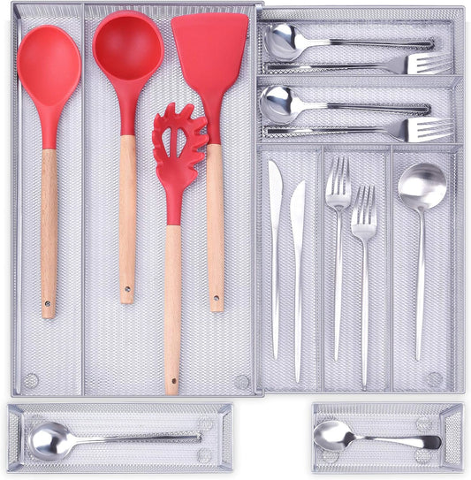Metal Cutlery Tray Drawer Organizer Large, Expandable 7+2 Separate Compartments Mesh Utensil Organizer, Adjustable Kitchen Tableware Flatware Tray with Non-Slip Foam Feet