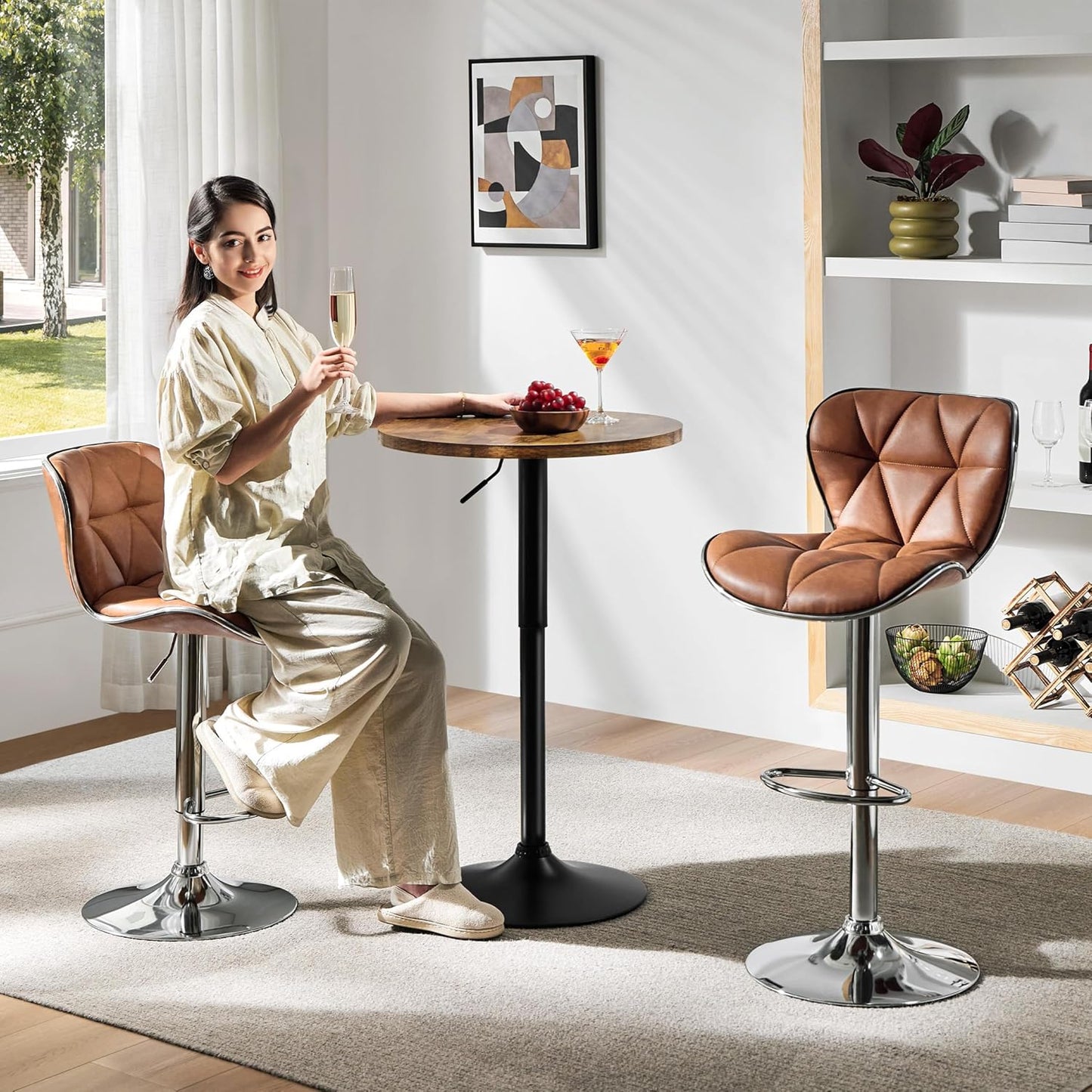 Yaheetech Round Pub Table Height Adjustable with 360 Swivel MDF Tabletop for Dining Bistro Cafe Home Bar, Rustic Brown