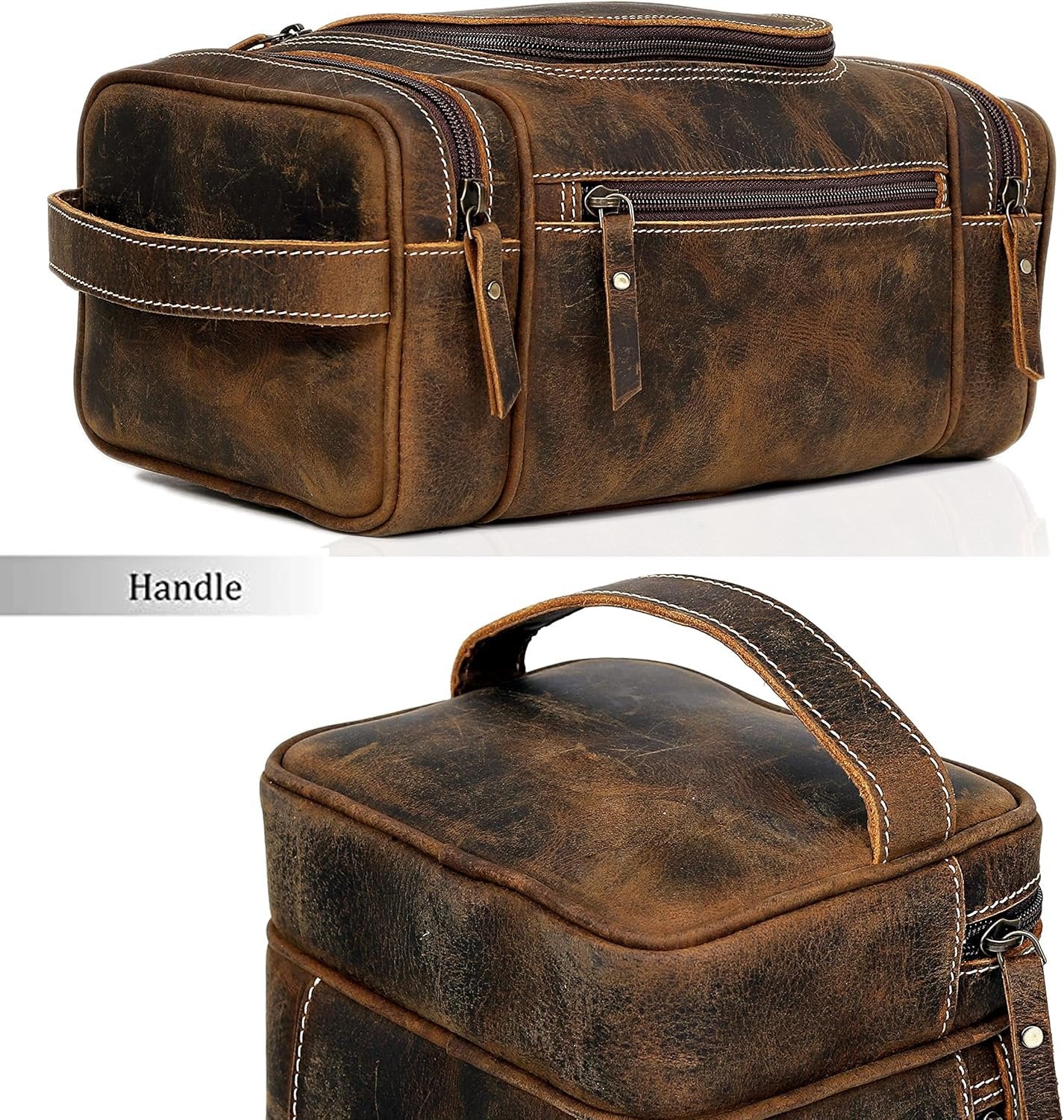 VC VINTAGE COUTURE Extra Large Leather Toiletry Bag for Men, Dopp Kit, Shaving Bag for Travel, Brown, 9.3 x 5.5 x 4.5 Inches