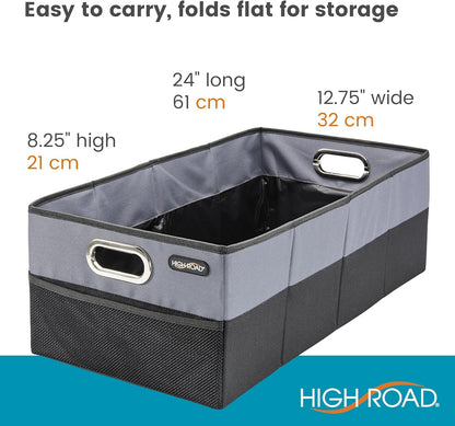 High Road CargoCube Car Storage Bin - Leakproof Car Trunk Storage Organizer with Metal Handles and Front Mesh Pocket, 12x24 Inches - Single pack