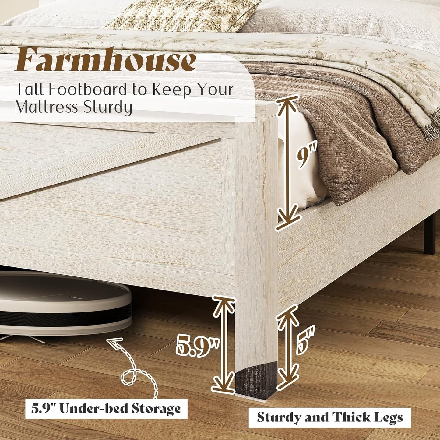 Jocisland Farmhouse Bed Frame with Sliding Barn Door Storage Headboard, Queen Size Bookcase Bed with Charging Station & Adjustable Shelf, No Box Spring Needed, Antique White