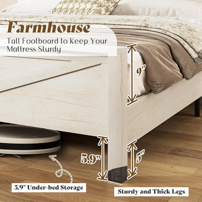 Jocisland Farmhouse Bed Frame with Sliding Barn Door Storage Headboard, Queen Size Bookcase Bed with Charging Station & Adjustable Shelf, No Box Spring Needed, Antique White