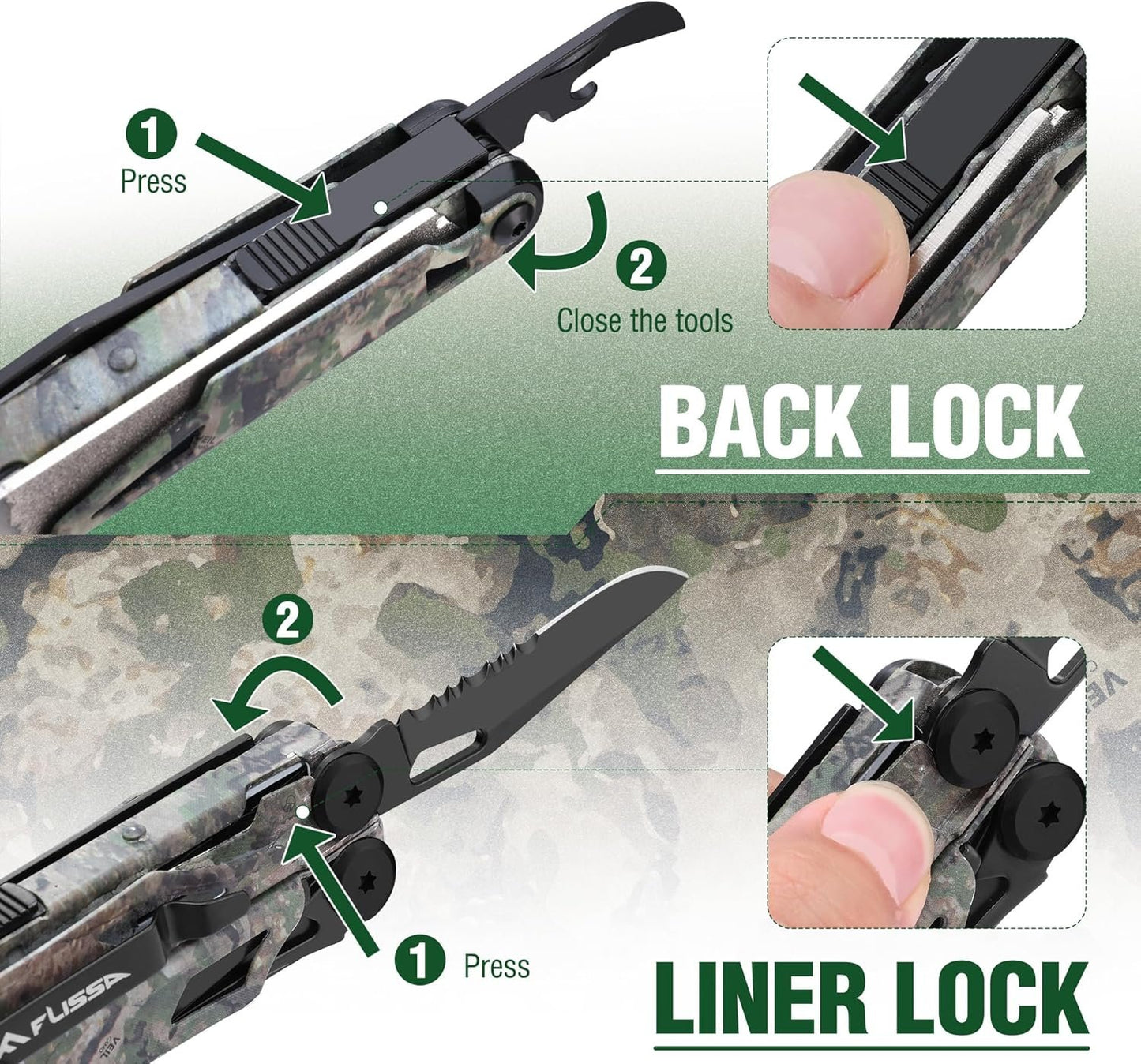 FLISSA 18-in-1 Multitool Pocket Knife with Sheath, Durable Stainless Steel Multi Tool Pliers for Men, Camo All-in-One Tool for Camping, Fishing, and Outdoor Use