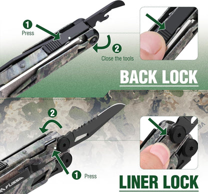 FLISSA 18-in-1 Multitool Pocket Knife with Sheath, Durable Stainless Steel Multi Tool Pliers for Men, Camo All-in-One Tool for Camping, Fishing, and Outdoor Use