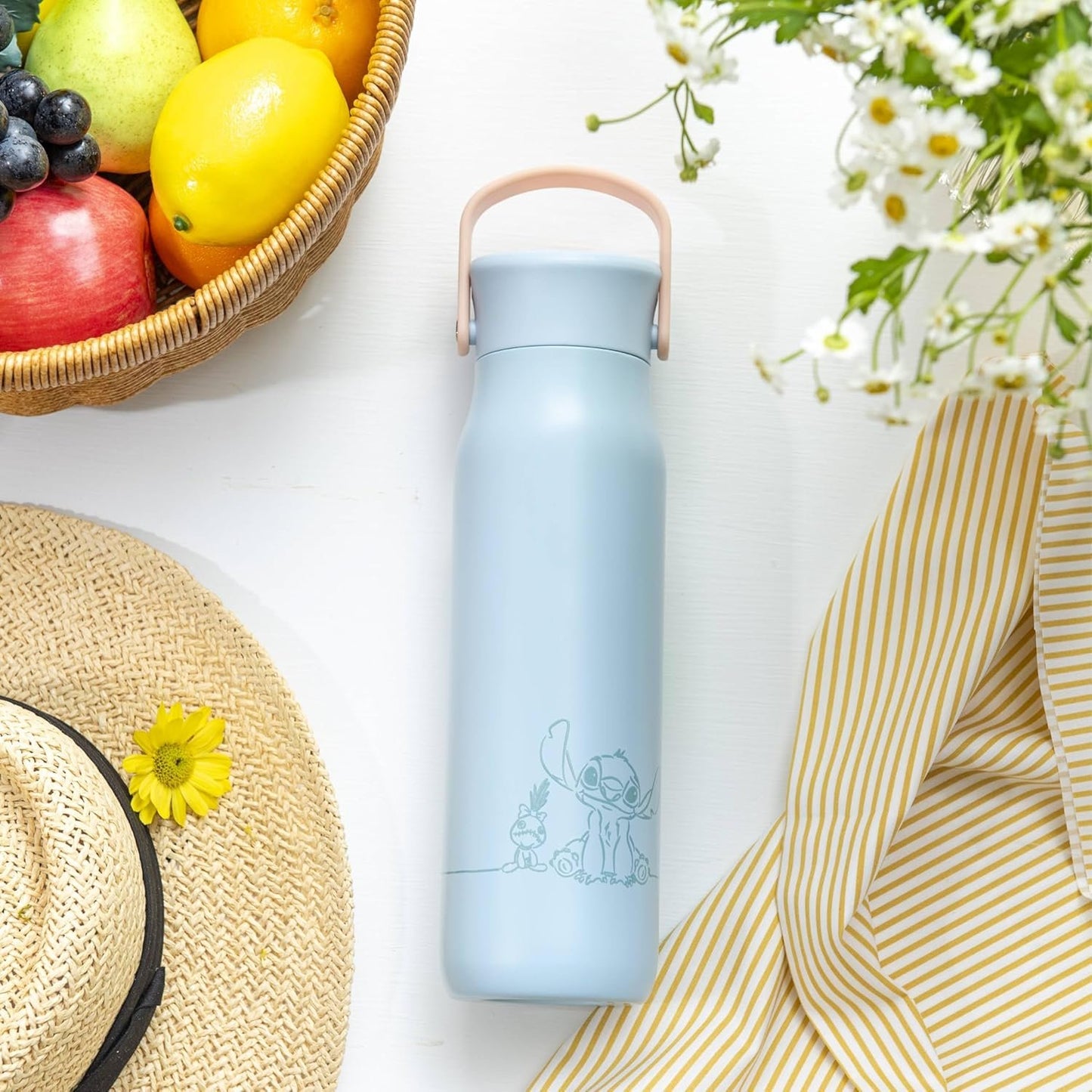 Zak Designs Disney Lilo & Stitch Harmony Water Bottle for Travel or At Home, 32oz Stainless Steel is Leak-Proof When Closed and Vacuum Insulated with Straw Lid, Carry Handle, and 3D Artwork