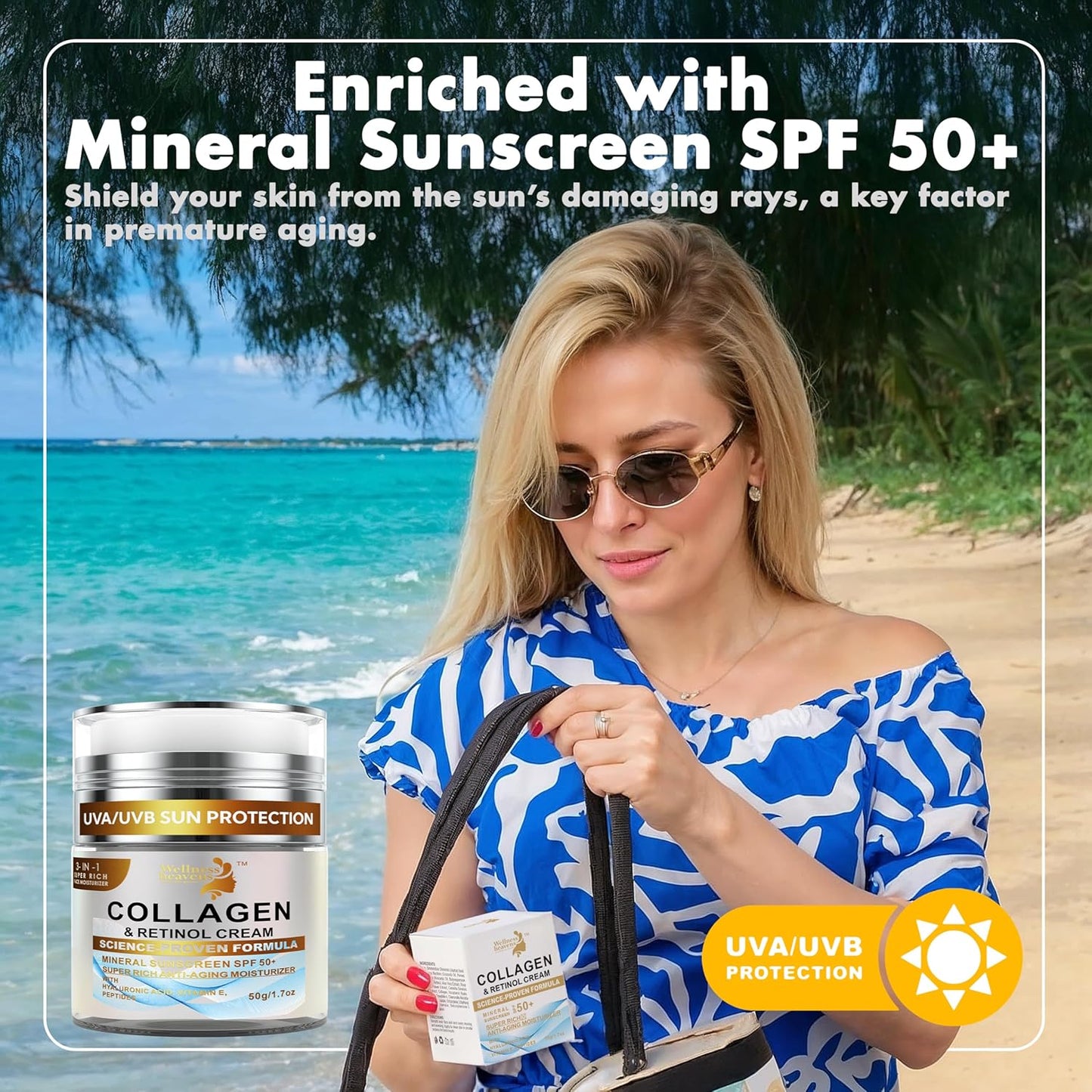 Daily Face Moisturizer with SPF 50 - Retinol, Hyaluronic Acid & Collagen with Age-Defying, Lift & Firm Cream and Sun Protection - Day & Night Repair Anti-Aging Face Moisturizer with Sunscreen | 1.7oz
