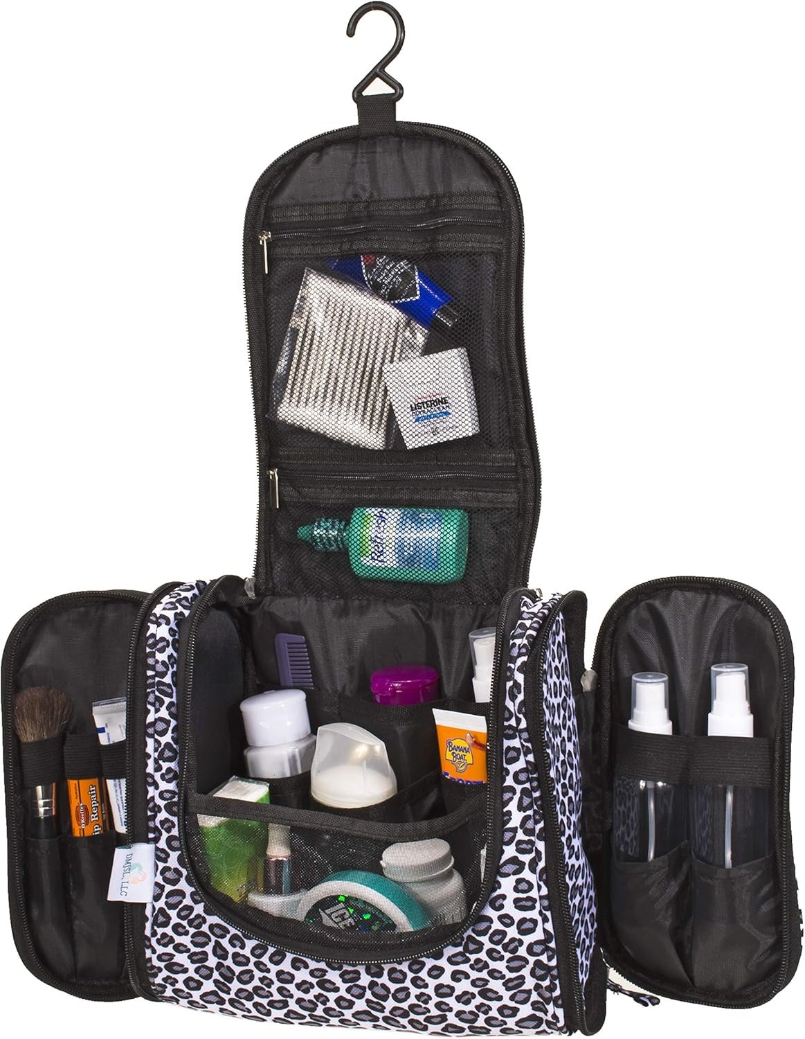 DMJSL Womens Hanging Toiletry Bag - Travel Makeup Organizer and Cosmetic Case, TSA Approved, Black Leopard Print