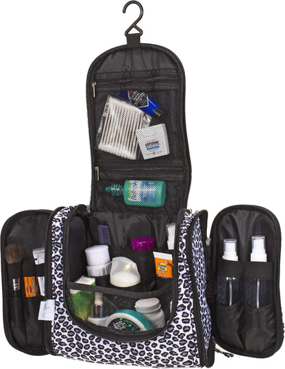 DMJSL Womens Hanging Toiletry Bag - Travel Makeup Organizer and Cosmetic Case, TSA Approved, Black Leopard Print