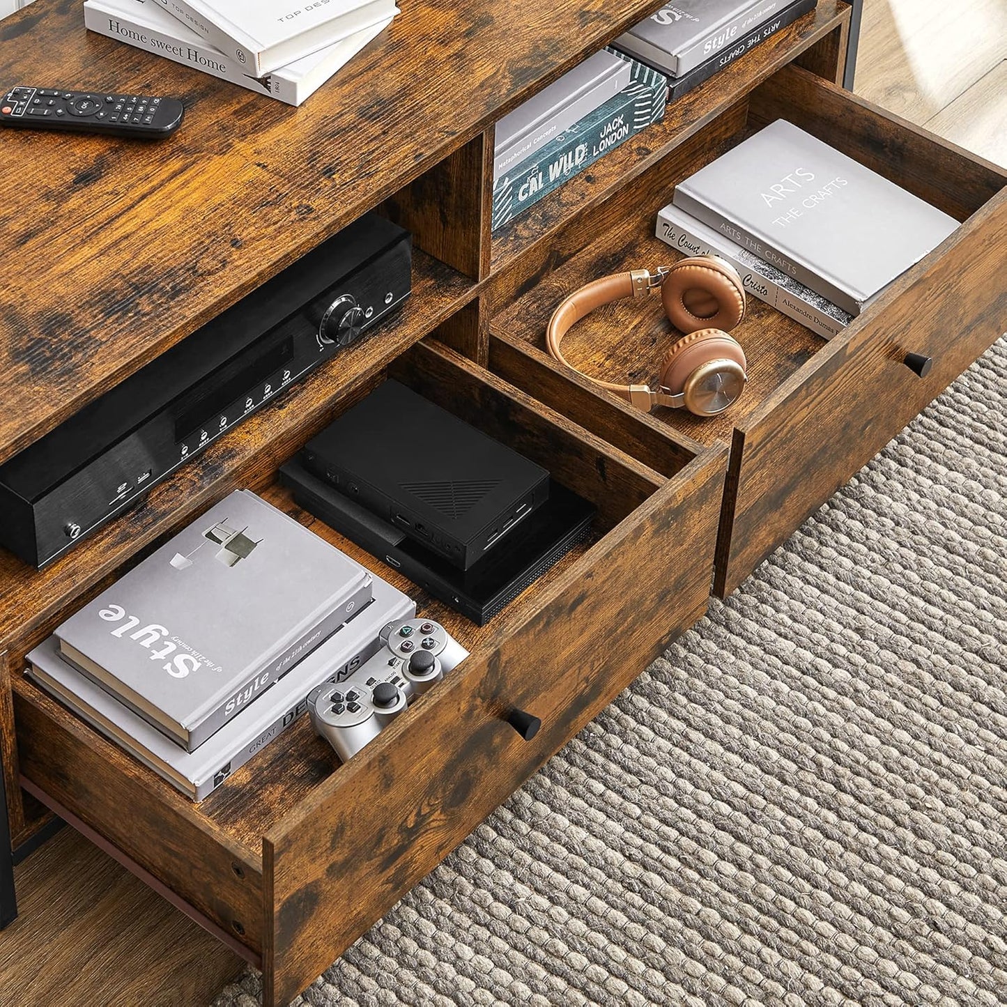 VASAGLE LTV300B01 TV Unit, TV Stand, Up to 55 Inches, 120 cm Long, 2 Drawers 2 Open Shelves, 40 x 120 x 50 cm, Living Room, Bedroom, Steel Frame, Vintage Brown and Black