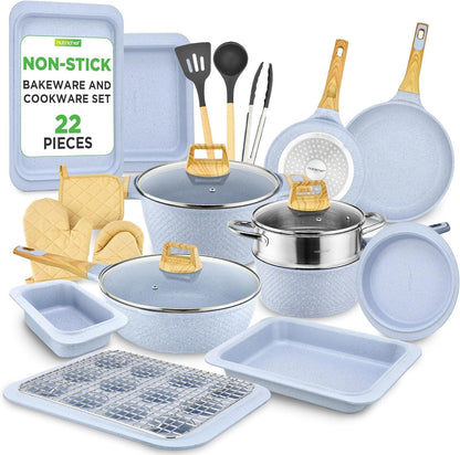 Nutrichef 22-Piece Induction Cookware and Bakeware Set Professional Home Kitchen Collection with Multi-Sized Pots, Pans, Non Stick and Heat-Resistant Tools (Moon Grey Marble)