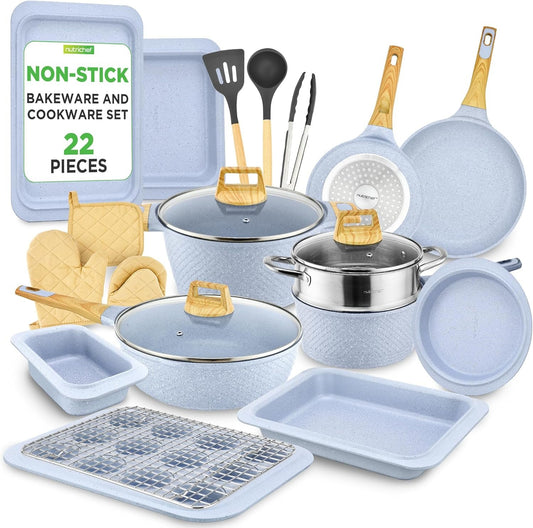 Nutrichef 22-Piece Induction Cookware and Bakeware Set Professional Home Kitchen Collection with Multi-Sized Pots, Pans, Non Stick and Heat-Resistant Tools (Moon Grey Marble)